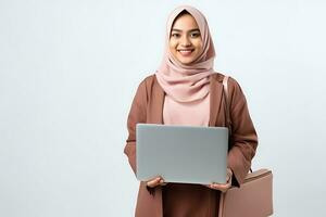 Hijab woman holding laptop computer and smiling on white background AI Generated photo