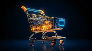 Shopping cart with glowing light on dark background AI Generated photo