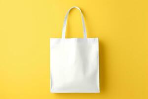 White tote bag mockup on yellow background AI Generated photo