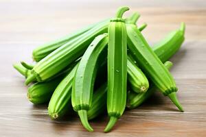 Okra on wooden table AI Generated photo