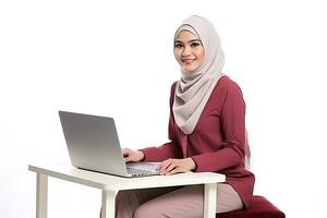 Hijab woman with laptop computer on white background. Business concept AI Generated photo