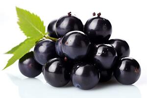 Fresh Acai fruit in a clay bowl on wooden table. Black background AI Generated photo