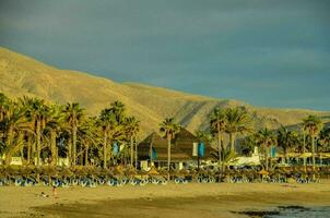 a beach with many chairs on the sand photo