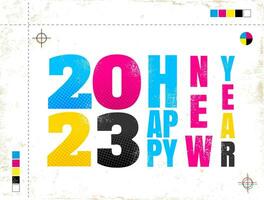 Vector vintage poster with 2023 in CMYK style. Retro poster for new year 2020. Happy new year 2023