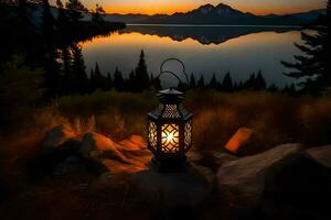 lantern on the rocks, sunset, lake, mountains, sunset, person, person, person. AI-Generated photo