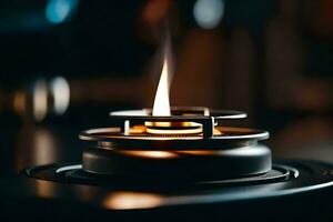 a close up of a lit candle on a stove. AI-Generated photo