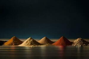 a row of different colored powders on a dark background. AI-Generated photo