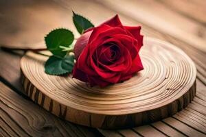 a single red rose on a wooden table. AI-Generated photo