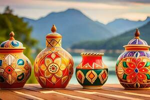 colorful vases on a wooden table with mountains in the background. AI-Generated photo