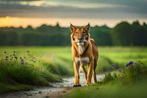 a brown lion walking across a field. AI-Generated photo