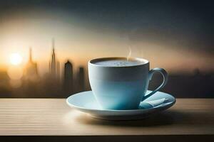 café taza con un ver de el ciudad. generado por ai foto
