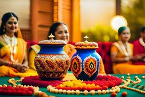 a colorful table with two colorful pots and a woman in a sari. AI-Generated photo