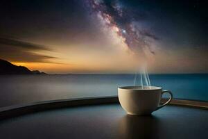 el lechoso forma, café, taza, noche, el cielo, el lechoso forma,. generado por ai foto