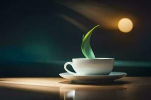 a cup of coffee with a green leaf on top. AI-Generated photo