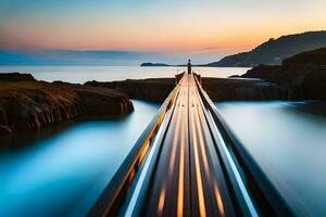 a long exposure photograph of a man walking on a bridge over the ocean. AI-Generated photo