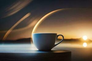 a coffee cup sits on a table in front of a sunset. AI-Generated photo