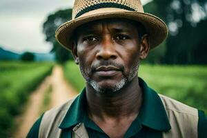 a man in a straw hat standing in a field. AI-Generated photo