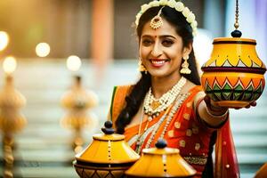 un hermosa mujer en tradicional indio atuendo participación un lámpara. generado por ai foto