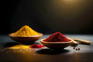 red and yellow spices in wooden bowls on a black background. AI-Generated photo