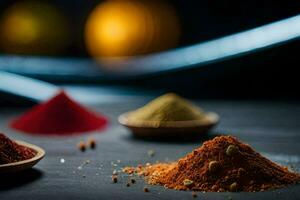 various spices and spices on a table. AI-Generated photo