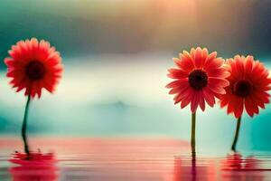 three red flowers in the water with a sun in the background. AI-Generated photo