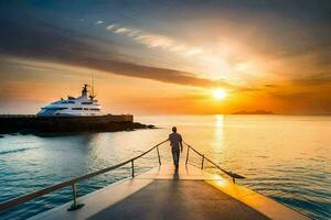 a man standing on a dock looking at a yacht at sunset. AI-Generated photo