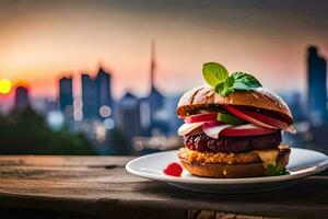 un hamburguesa con vegetales y un ver de el ciudad. generado por ai foto