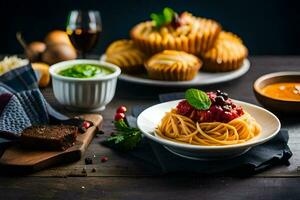 spaghetti with tomato sauce and bread on a wooden table. AI-Generated photo
