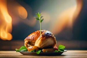 a roasted chicken on a plate with herbs. AI-Generated photo