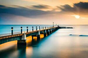 a long exposure photo of a pier at sunset. AI-Generated