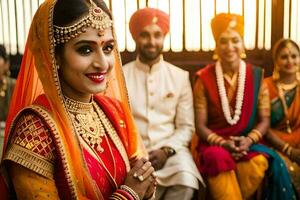 indio novia en tradicional atuendo con su damas de honor generado por ai foto