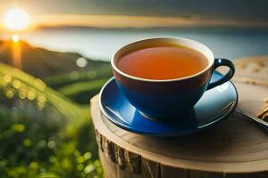 a cup of tea on a wooden table with a view of the sunset. AI-Generated photo