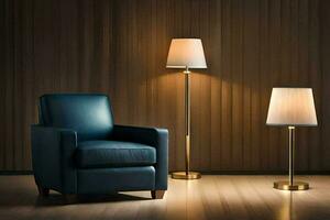 a blue chair and two lamps in a room. AI-Generated photo