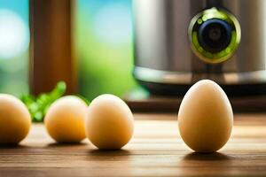 eggs on a table next to an electric pressure cooker. AI-Generated photo