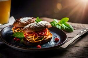 two sandwiches with tomato sauce and cheese on a plate. AI-Generated photo