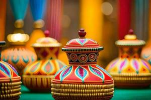 colorful vases are lined up on a table. AI-Generated photo