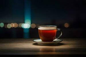 a cup of tea on a wooden table with a blurred background. AI-Generated photo