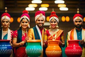 un grupo de personas en tradicional indio atuendo. generado por ai foto