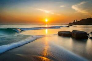 atardecer, el playa, ondas, rocas, agua, hd fondo de pantalla. generado por ai foto