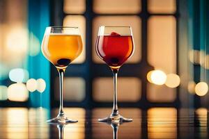 two glasses of wine with different colored drinks. AI-Generated photo