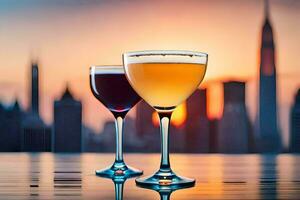 two glasses of wine with the city skyline in the background. AI-Generated photo