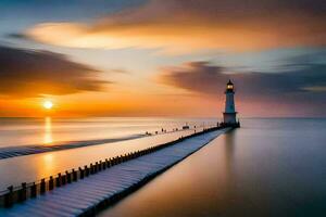 a lighthouse stands on the shore of the ocean at sunset. AI-Generated photo