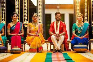 a group of people in colorful saris sitting on a bench. AI-Generated photo