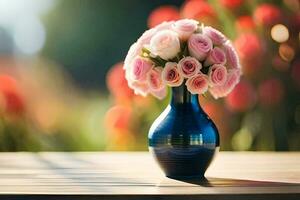 a blue vase with pink roses sitting on a table. AI-Generated photo