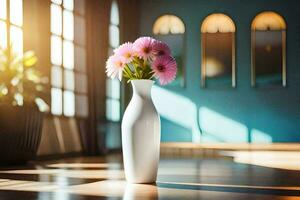 a white vase with pink flowers sitting on a wooden floor. AI-Generated photo