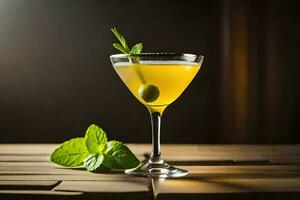 a cocktail with a green leaf on top. AI-Generated photo