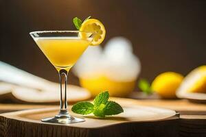 a cocktail with lemon and mint on a wooden tray. AI-Generated photo