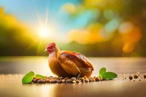 a chicken is sitting on the ground with beans and leaves. AI-Generated photo