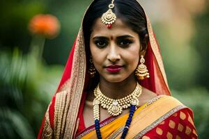 un hermosa indio mujer vistiendo tradicional joyas. generado por ai foto