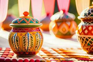 colorful vases on a table with colorful decorations. AI-Generated photo